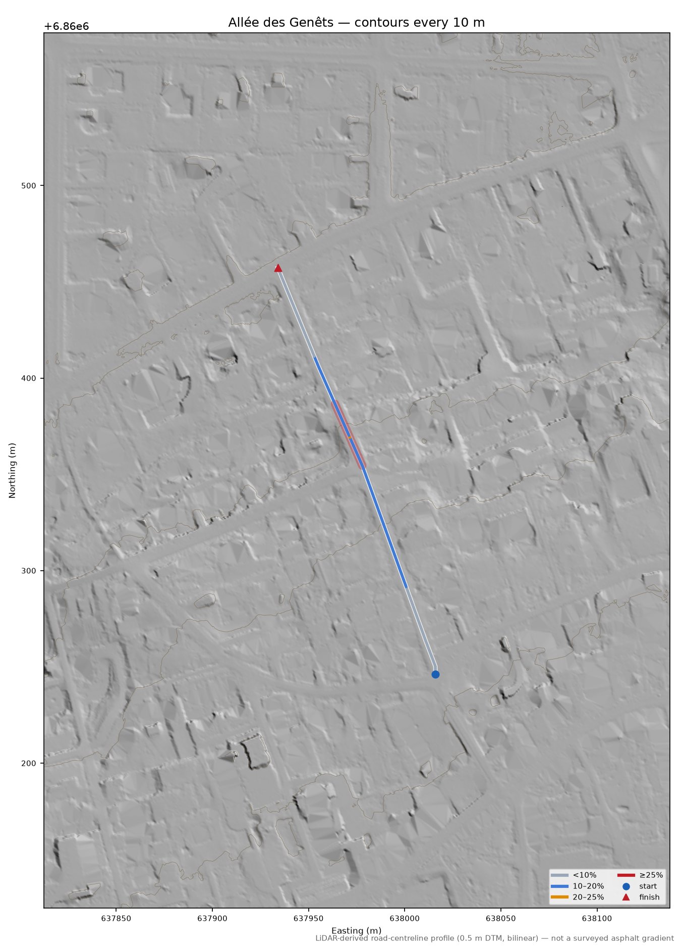 Allée des Genêts LiDAR hillshade map with contours