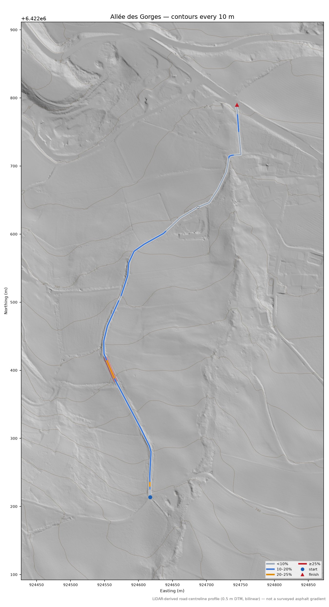 Allée des Gorges LiDAR hillshade map with contours