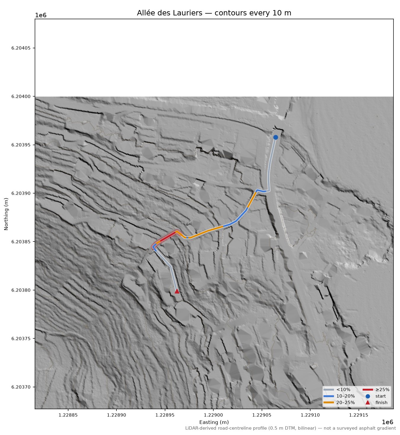 Allée des Lauriers LiDAR hillshade map with contours