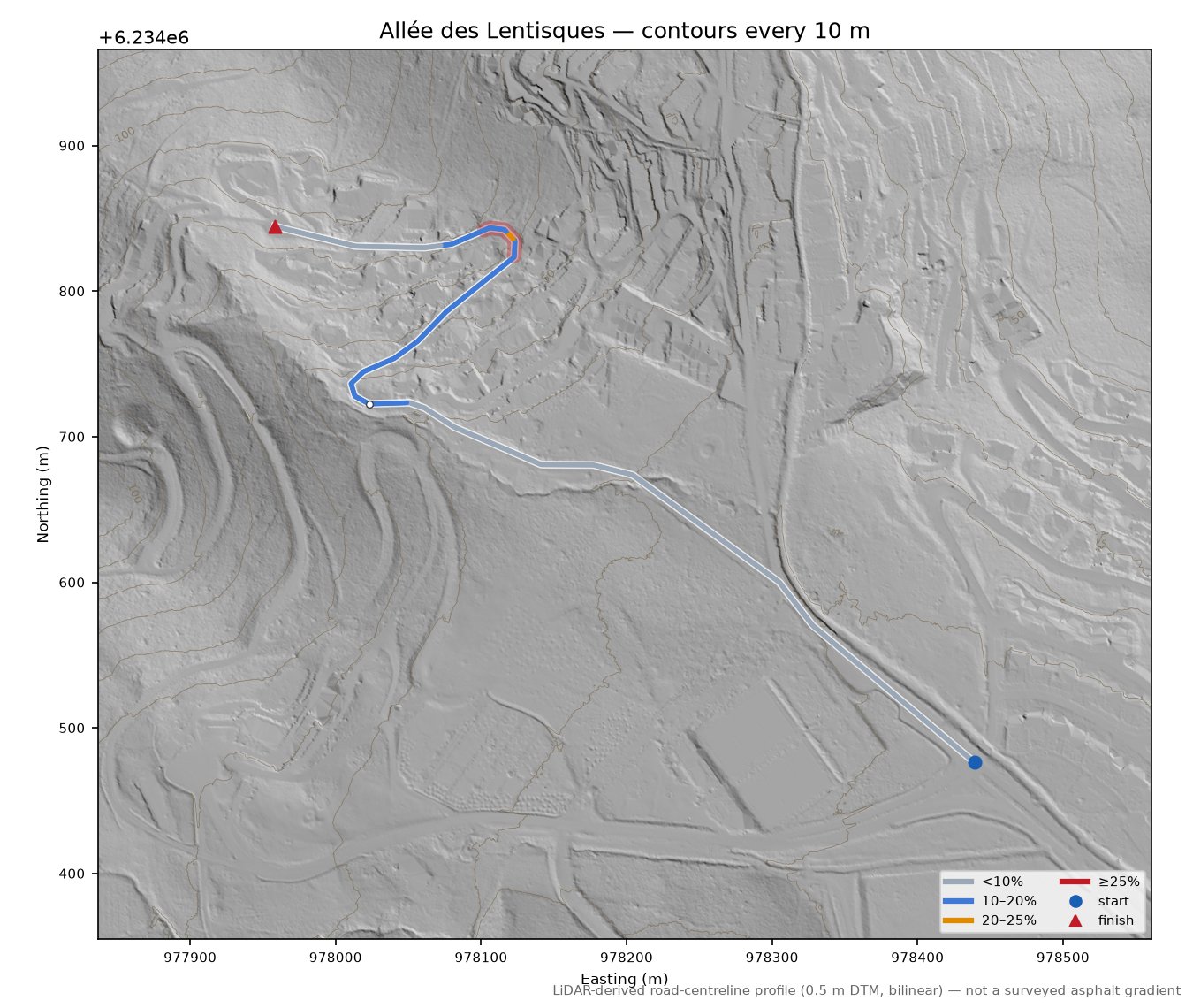 Allée des Lentisques LiDAR hillshade map with contours