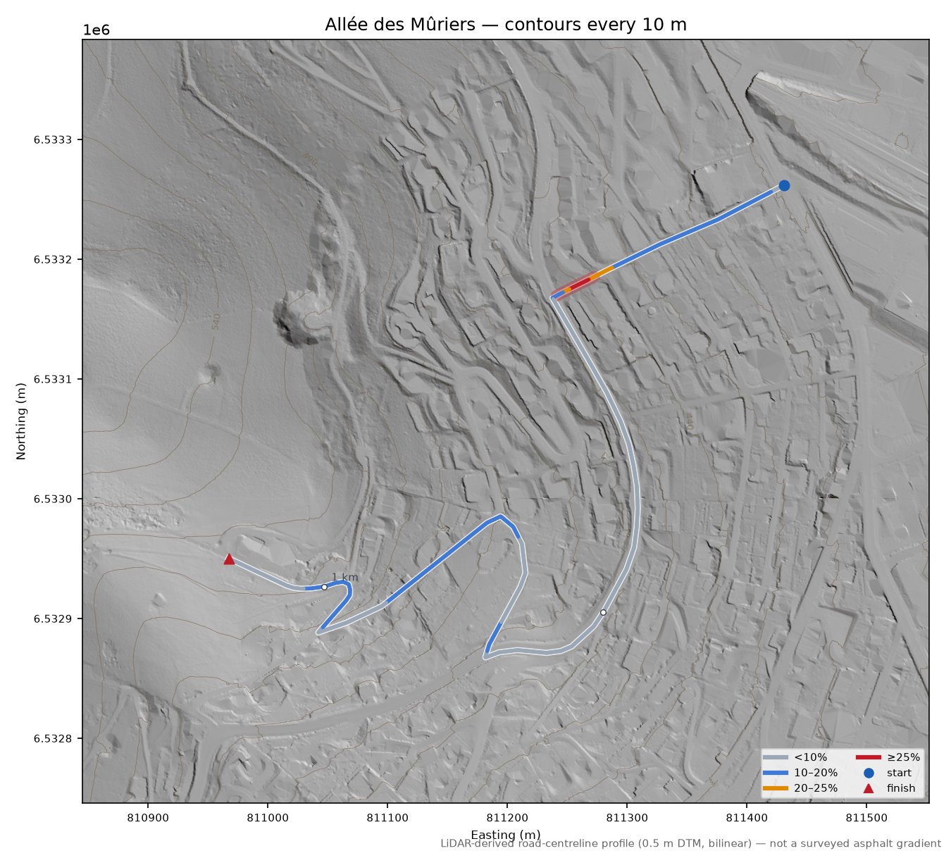 Allée des Mûriers LiDAR hillshade map with contours