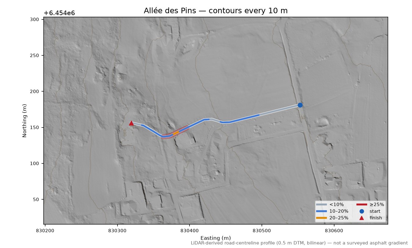 Allée des Pins LiDAR hillshade map with contours