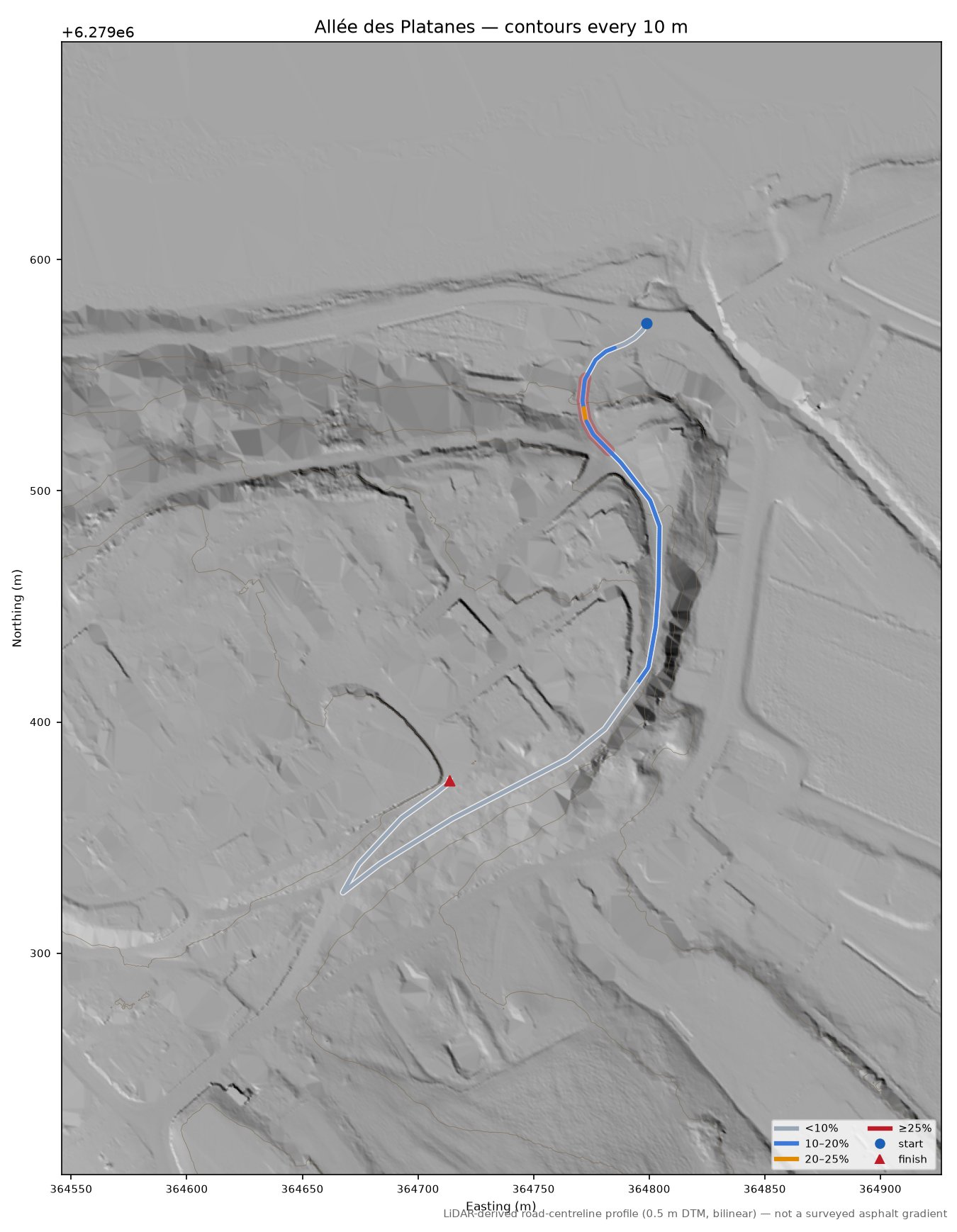 Allée des Platanes LiDAR hillshade map with contours