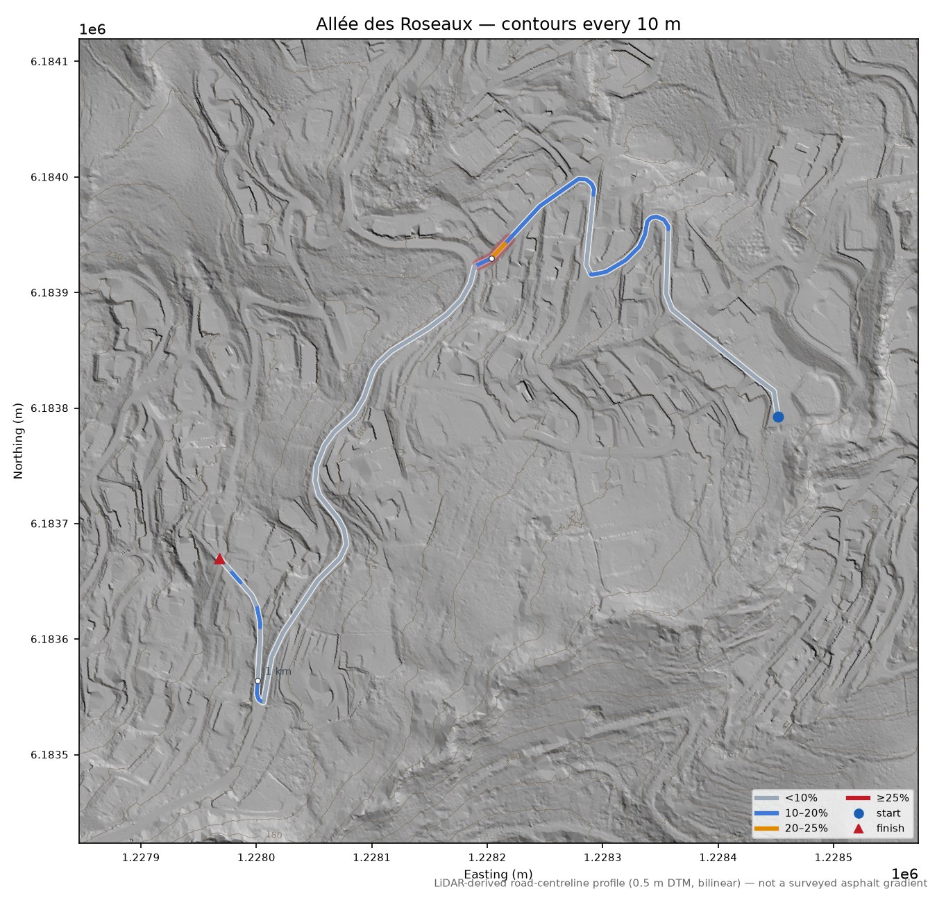 Allée des Roseaux LiDAR hillshade map with contours