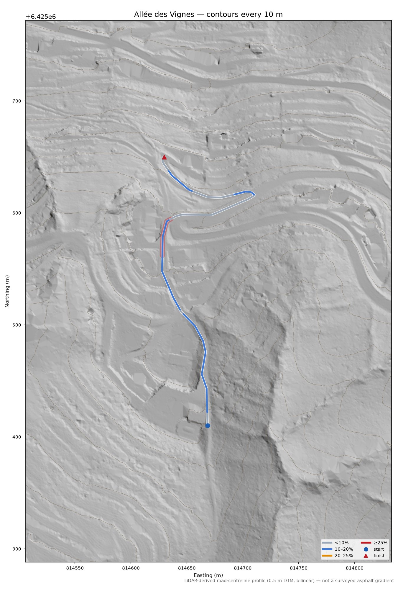 Allée des Vignes LiDAR hillshade map with contours