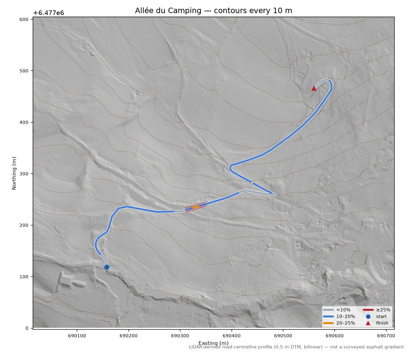 Allée du Camping LiDAR hillshade map with contours