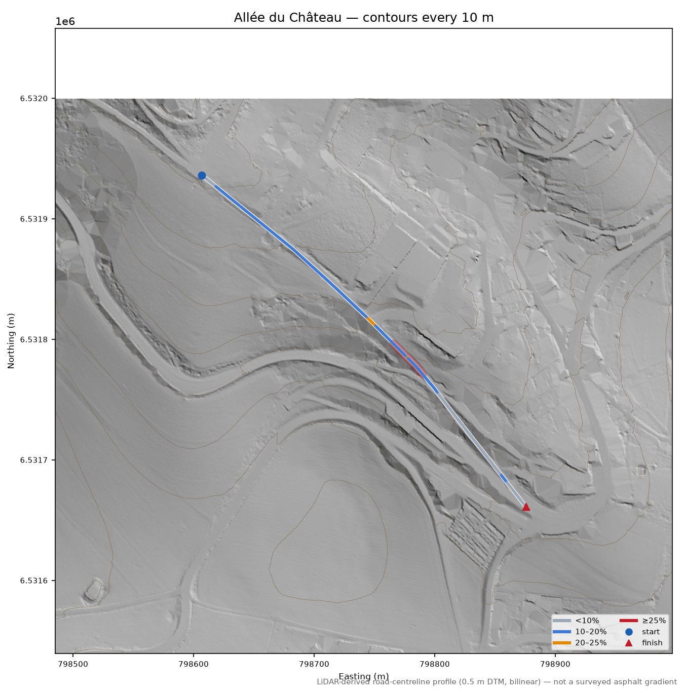 Allée du Château LiDAR hillshade map with contours