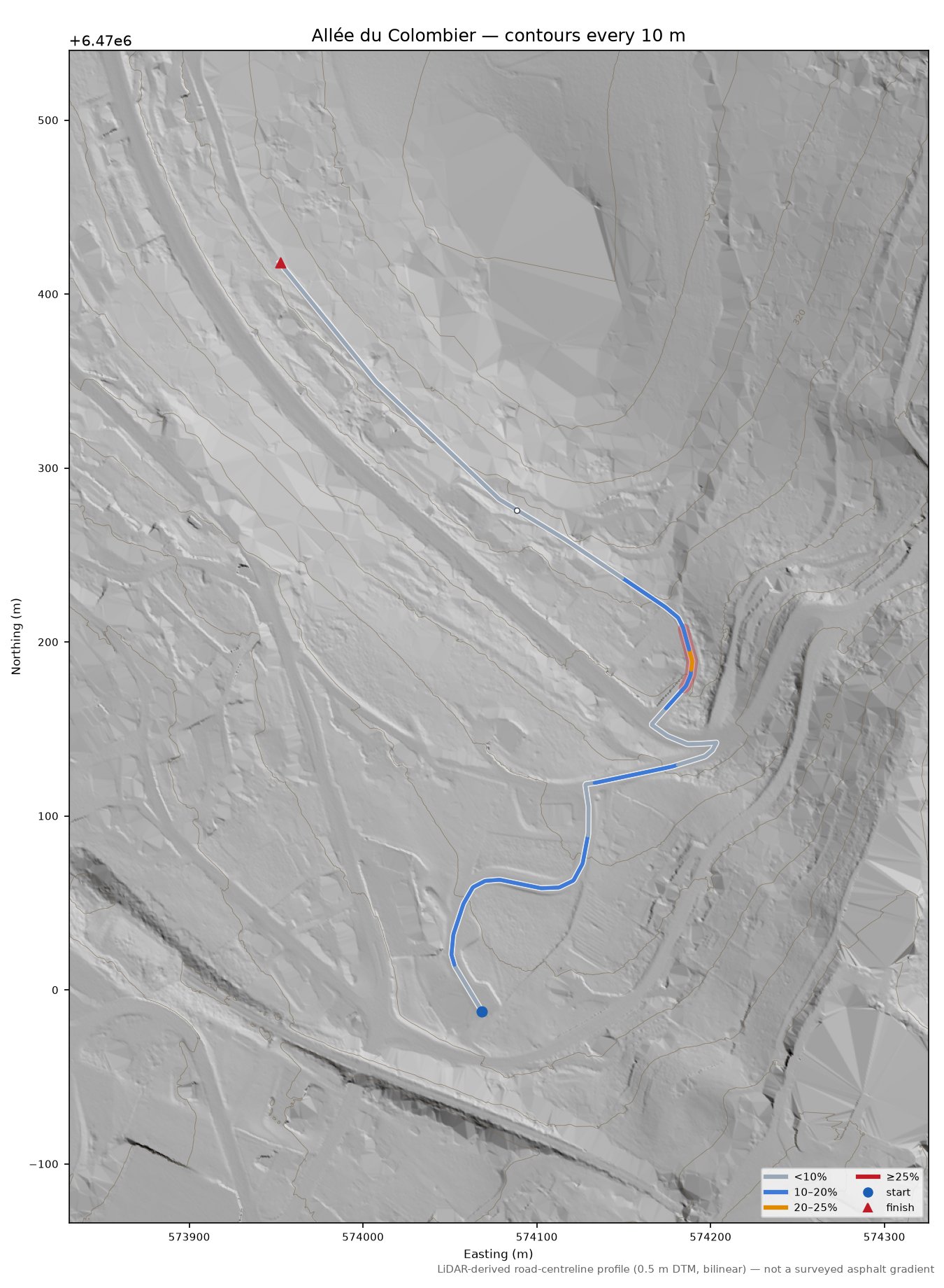 Allée du Colombier LiDAR hillshade map with contours