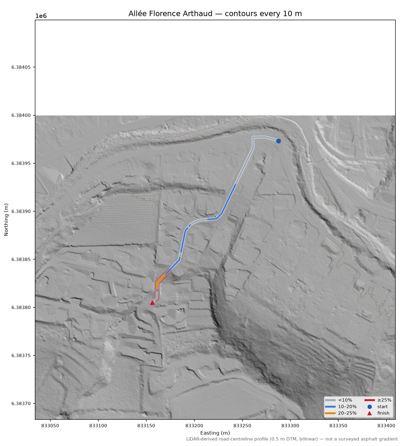 Allée Florence Arthaud LiDAR hillshade map with contours