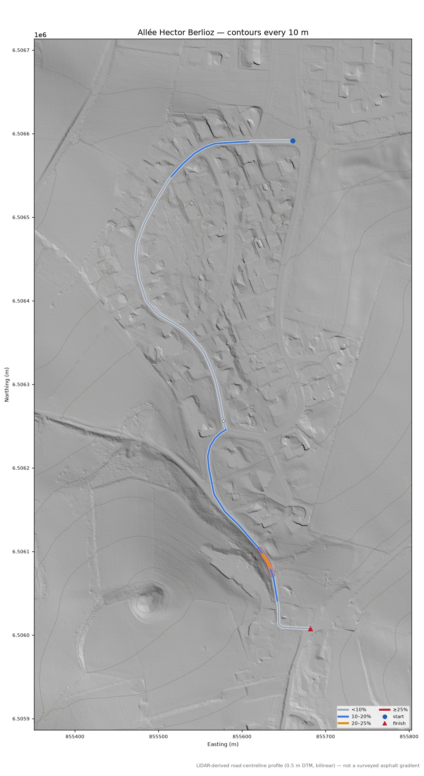 Allée Hector Berlioz LiDAR hillshade map with contours