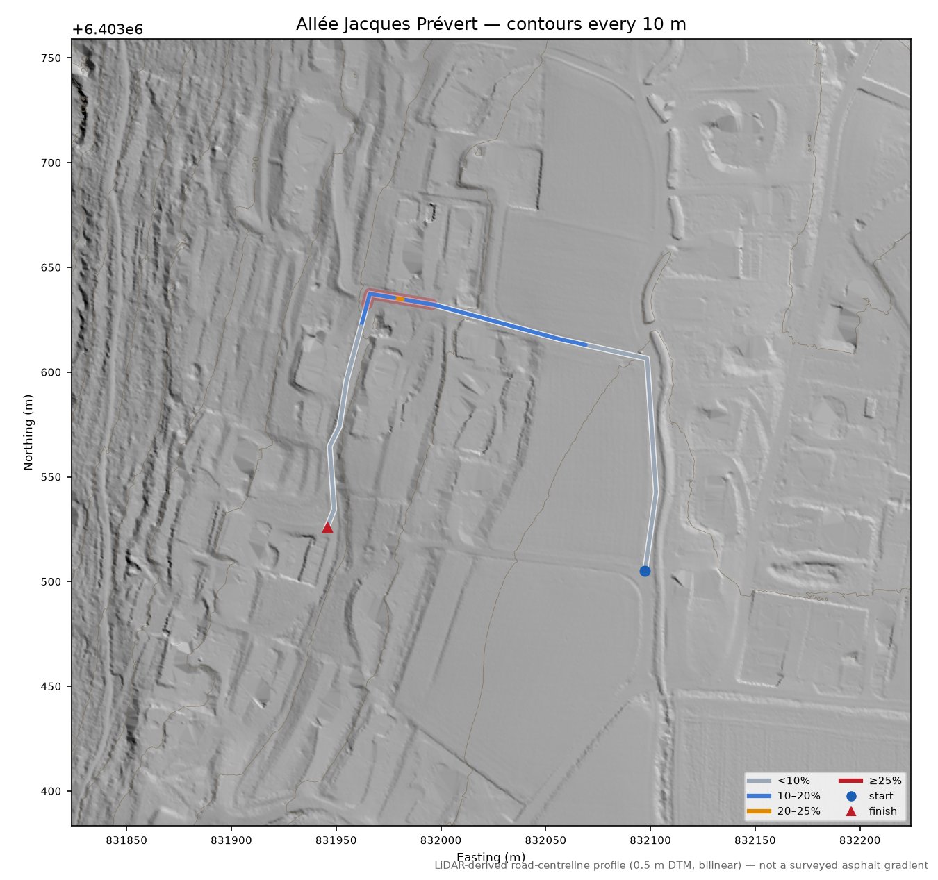 Allée Jacques Prévert LiDAR hillshade map with contours