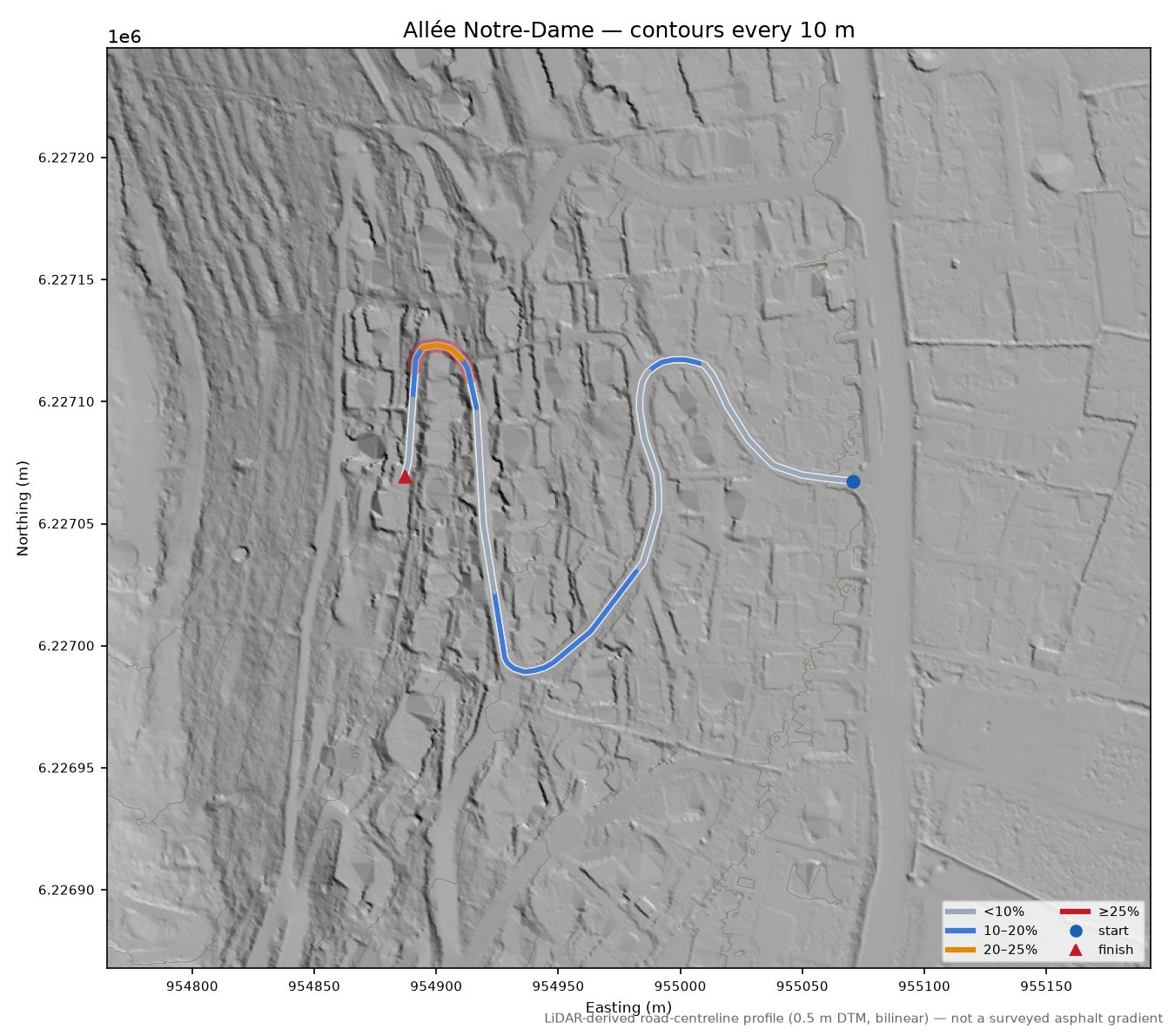 Allée Notre-Dame LiDAR hillshade map with contours