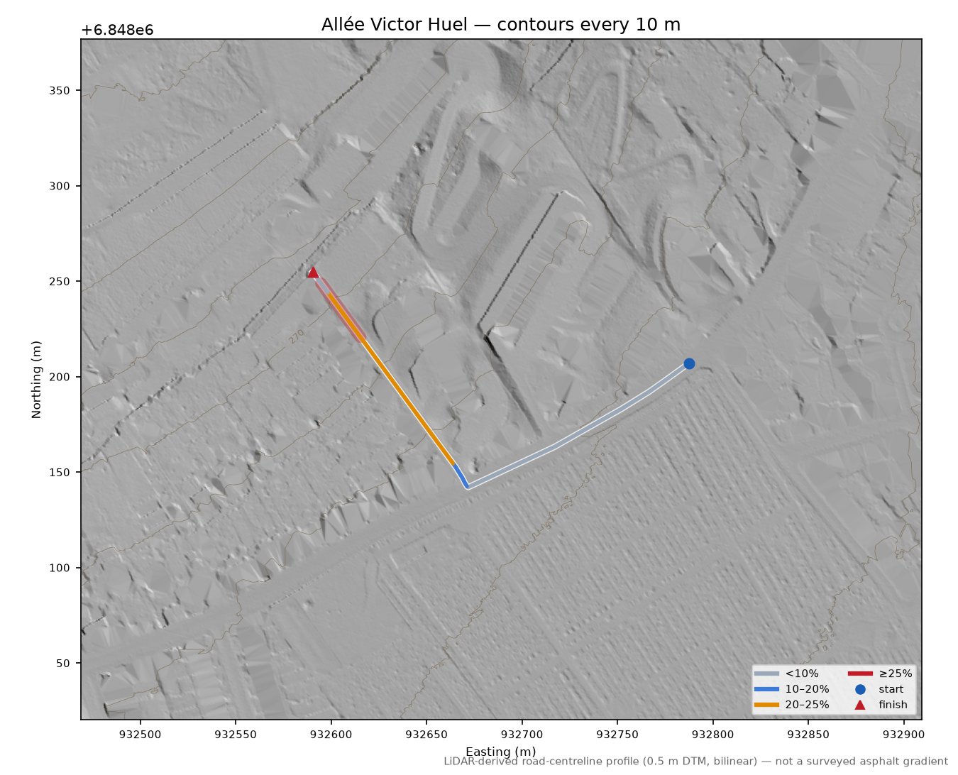 Allée Victor Huel LiDAR hillshade map with contours