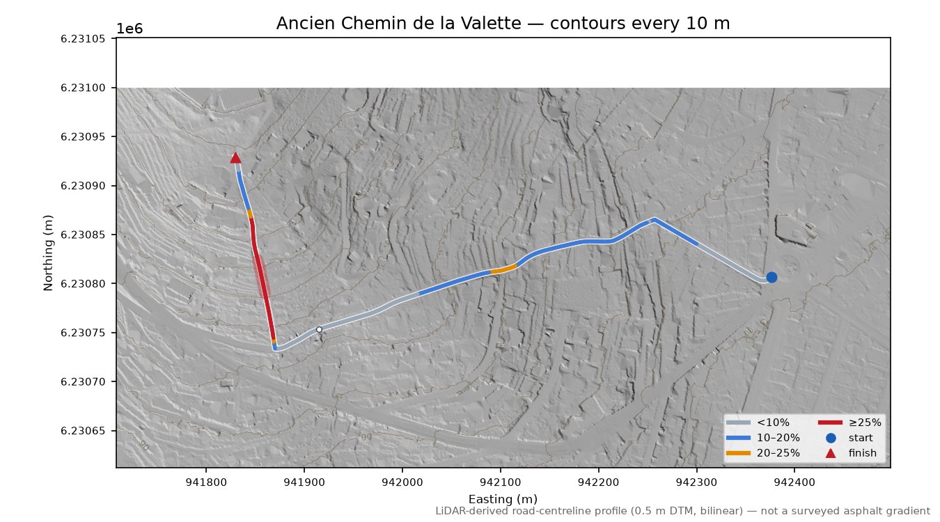 Ancien Chemin de la Valette LiDAR hillshade map with contours