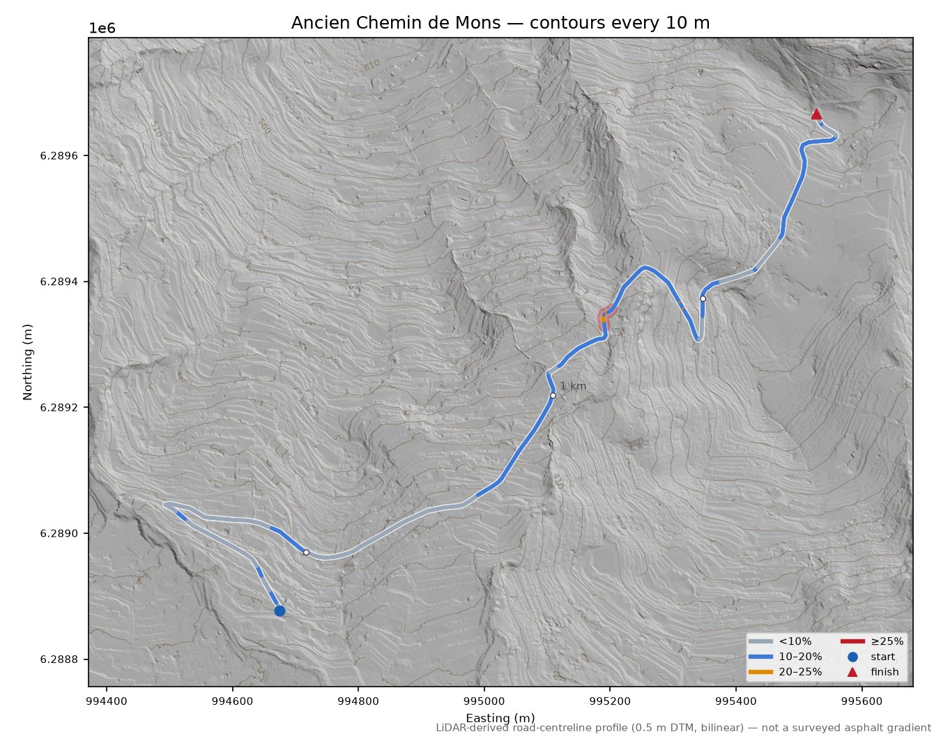Ancien Chemin de Mons LiDAR hillshade map with contours