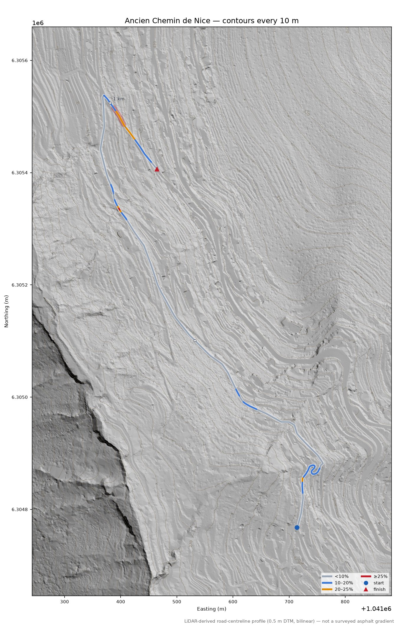 Ancien Chemin de Nice LiDAR hillshade map with contours
