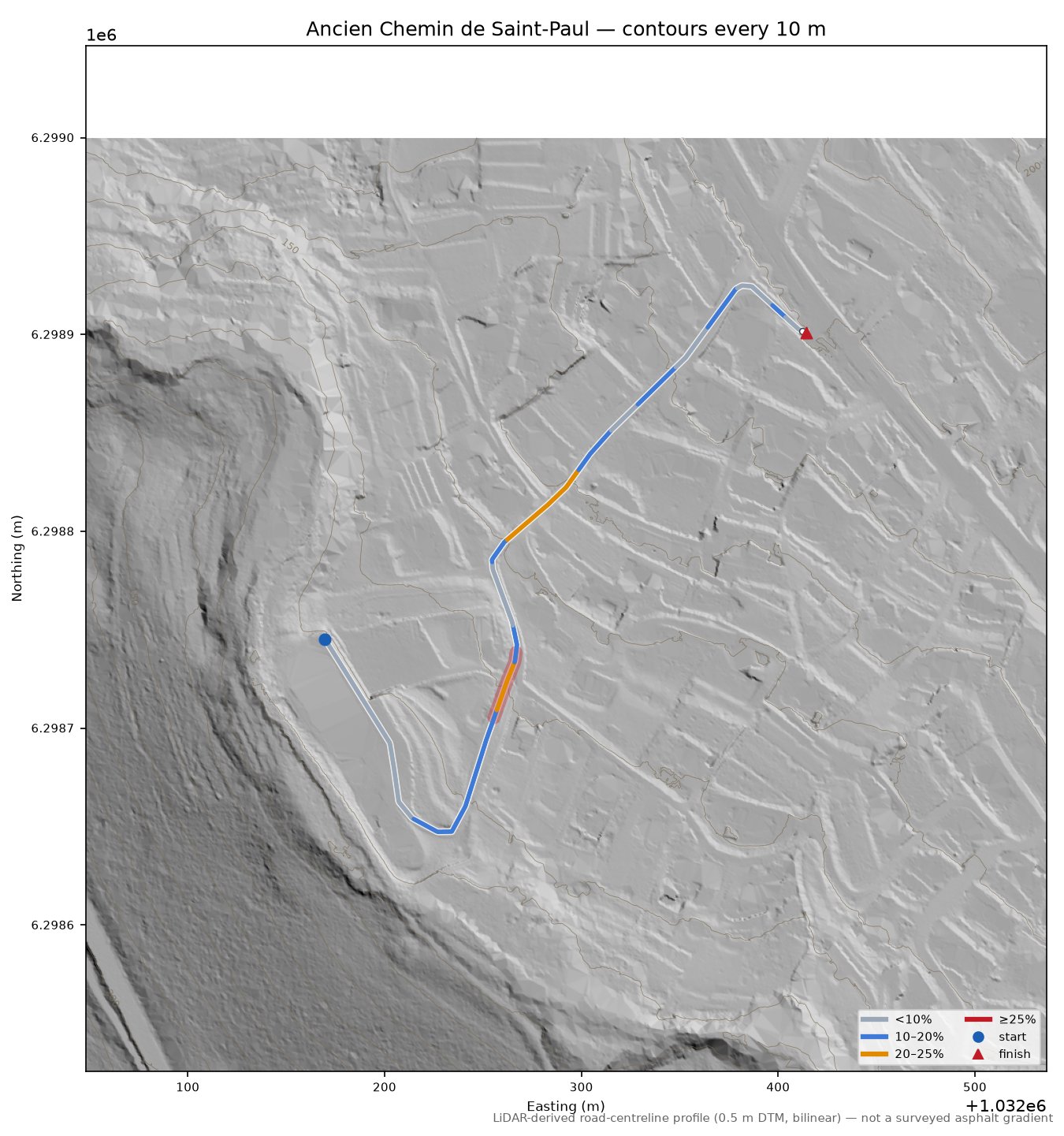 Ancien Chemin de Saint-Paul LiDAR hillshade map with contours