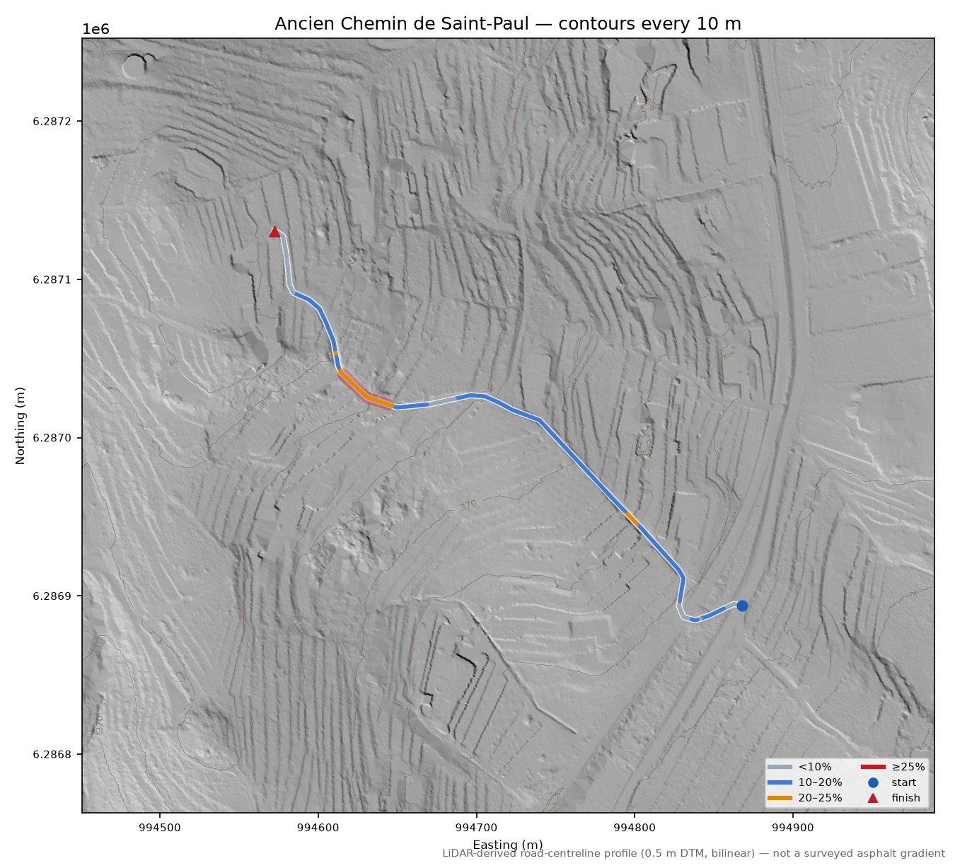 Ancien Chemin de Saint-Paul LiDAR hillshade map with contours