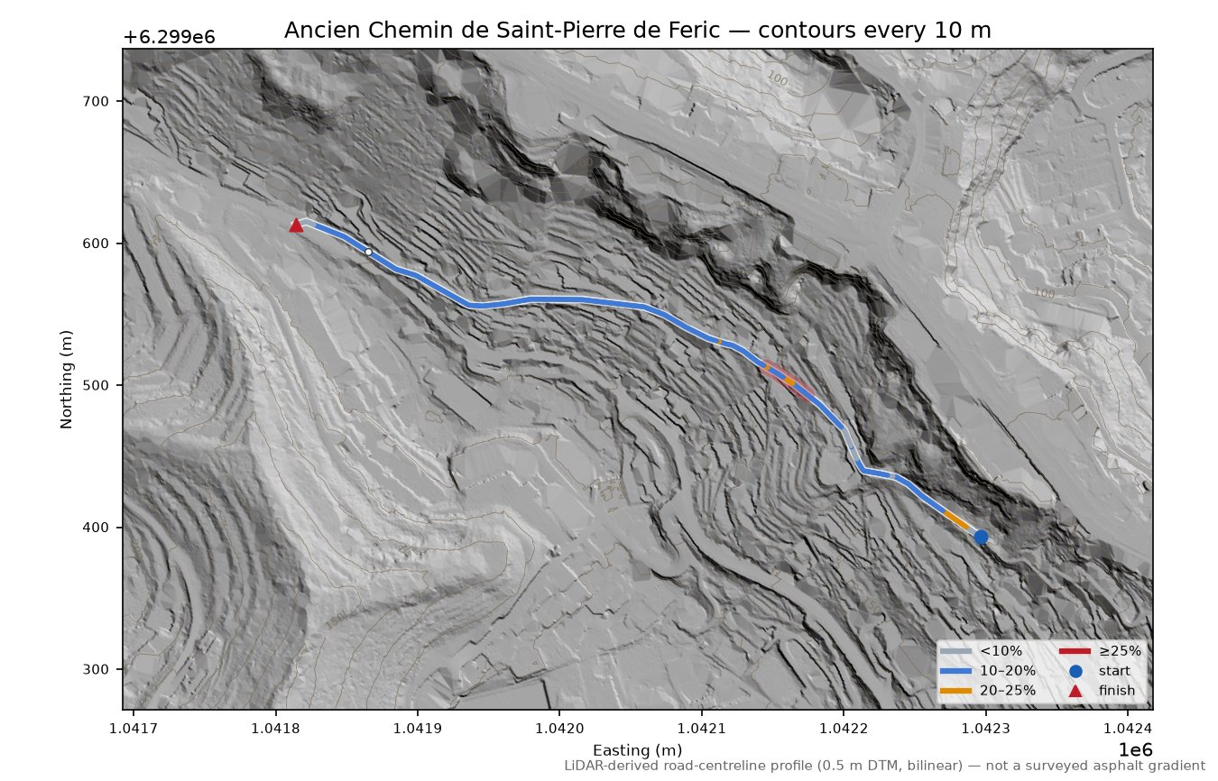 Ancien Chemin de Saint-Pierre de Feric LiDAR hillshade map with contours