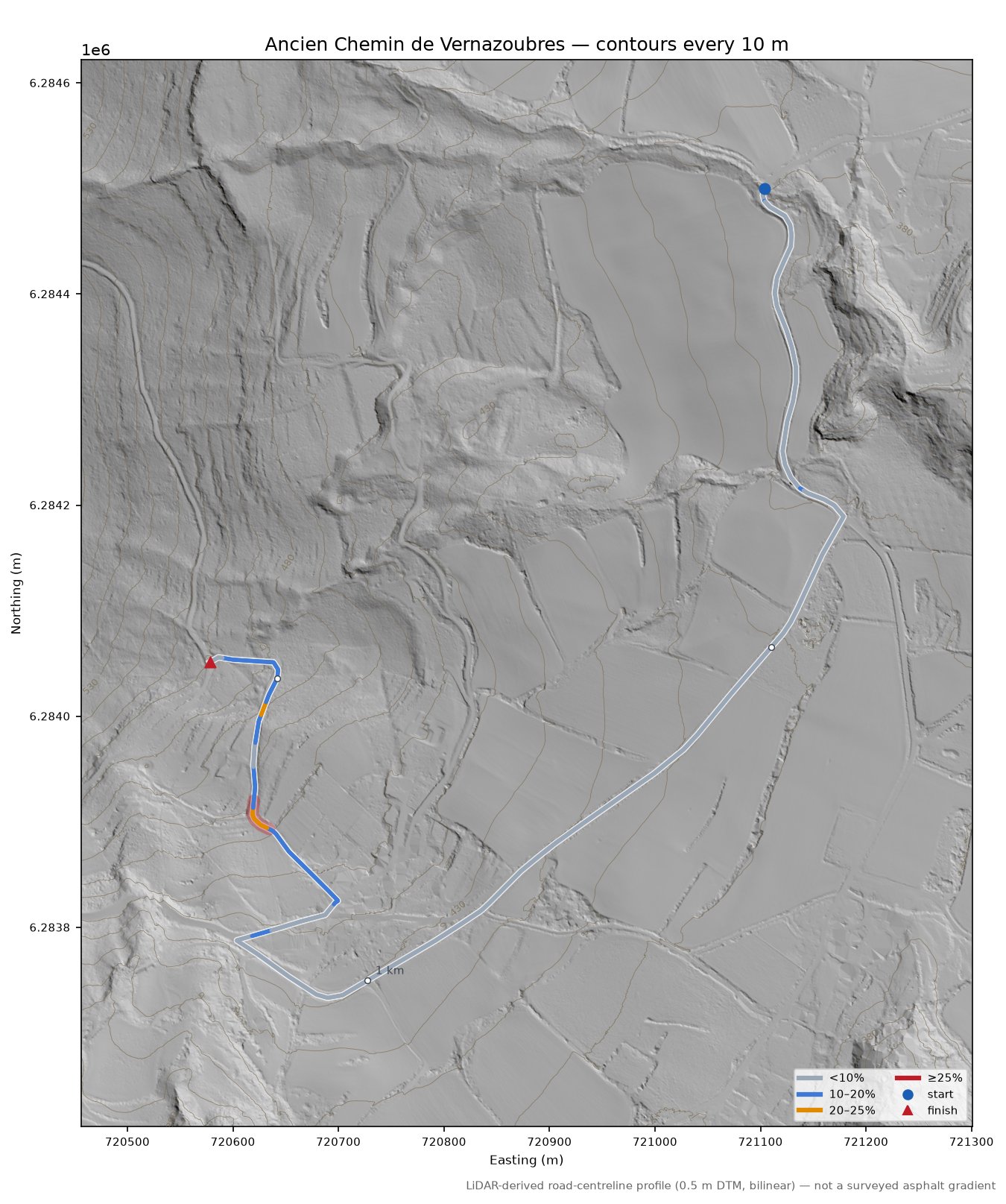 Ancien Chemin de Vernazoubres LiDAR hillshade map with contours