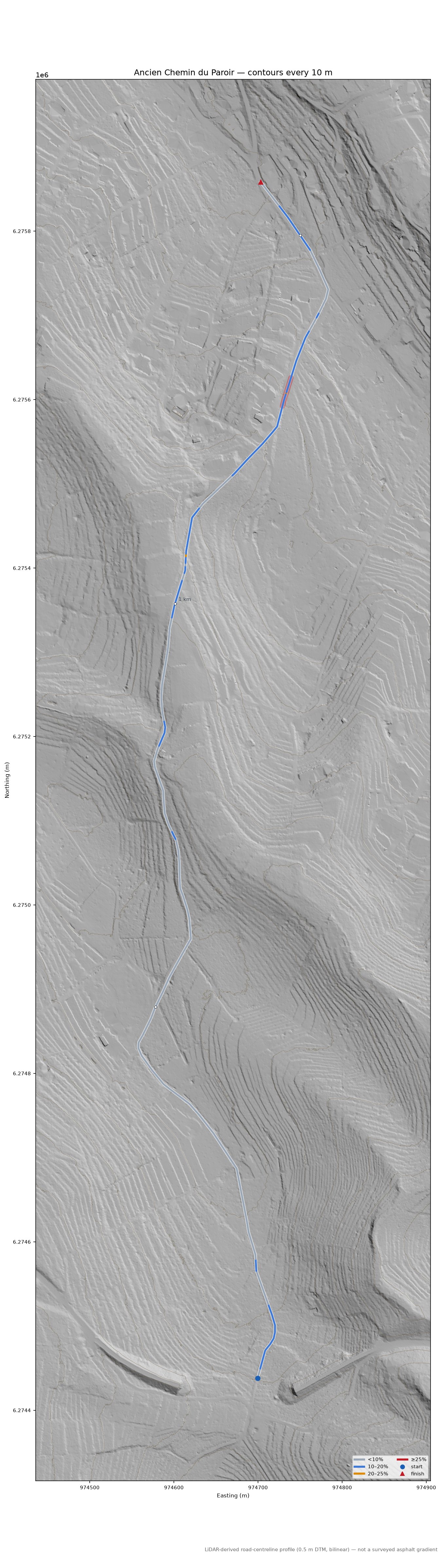Ancien Chemin du Paroir LiDAR hillshade map with contours