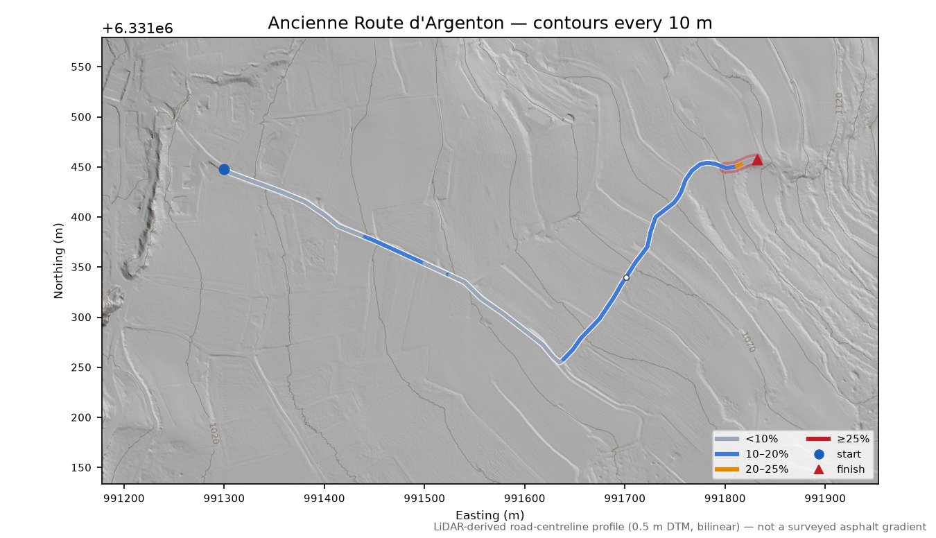Ancienne Route d'Argenton LiDAR hillshade map with contours
