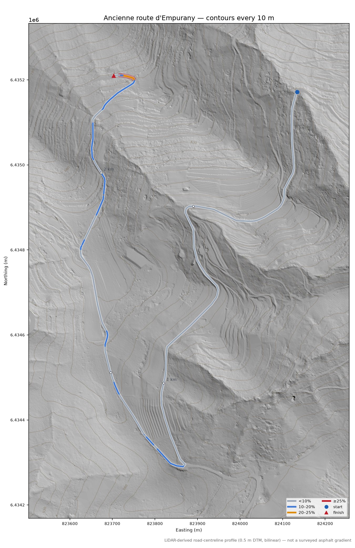 Ancienne route d'Empurany LiDAR hillshade map with contours