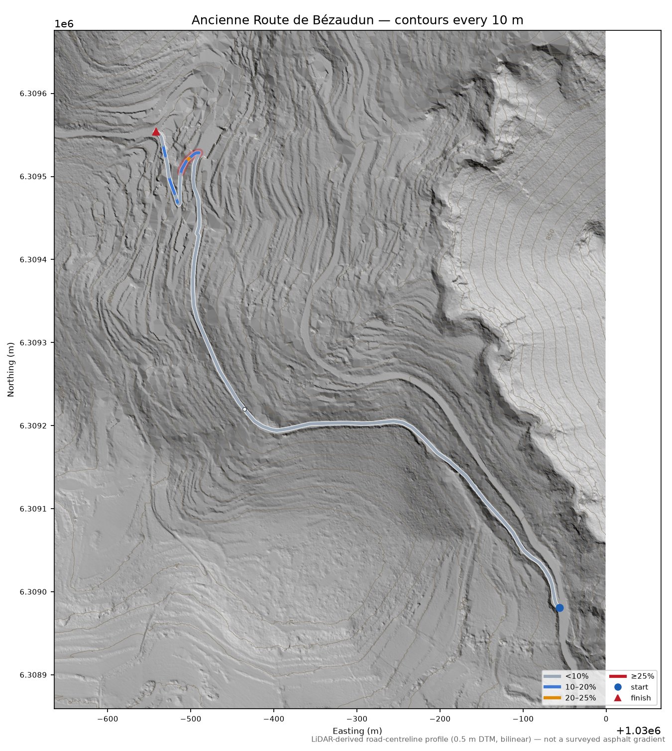 Ancienne Route de Bézaudun LiDAR hillshade map with contours