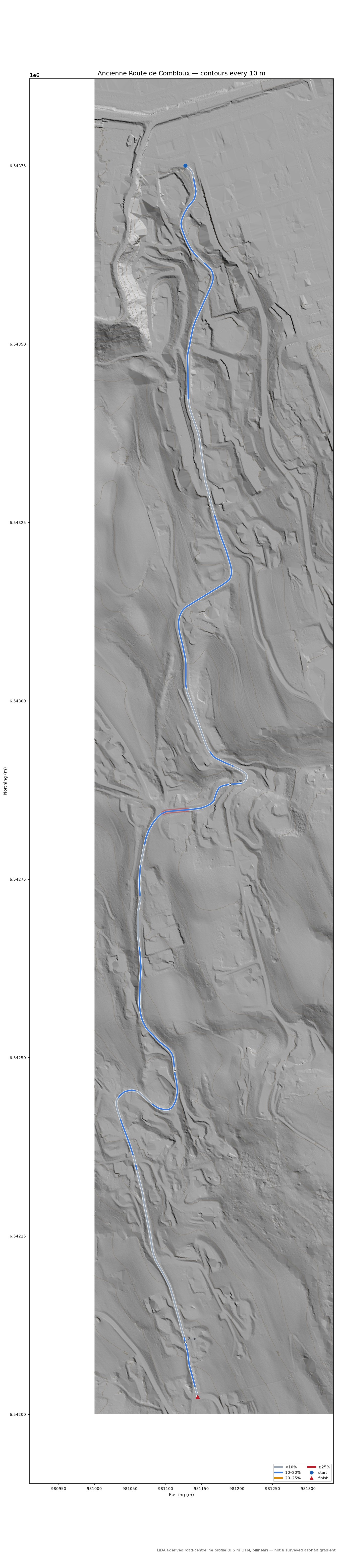 Ancienne Route de Combloux LiDAR hillshade map with contours