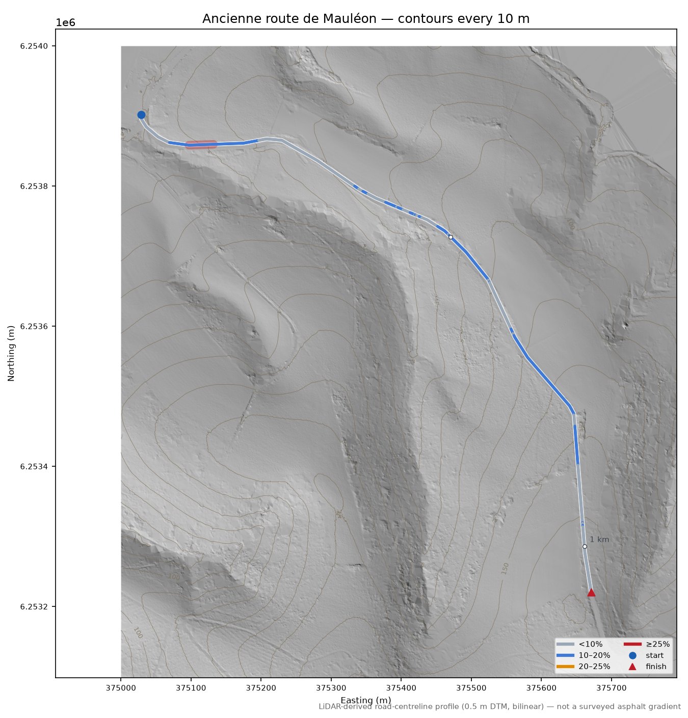 Ancienne route de Mauléon LiDAR hillshade map with contours