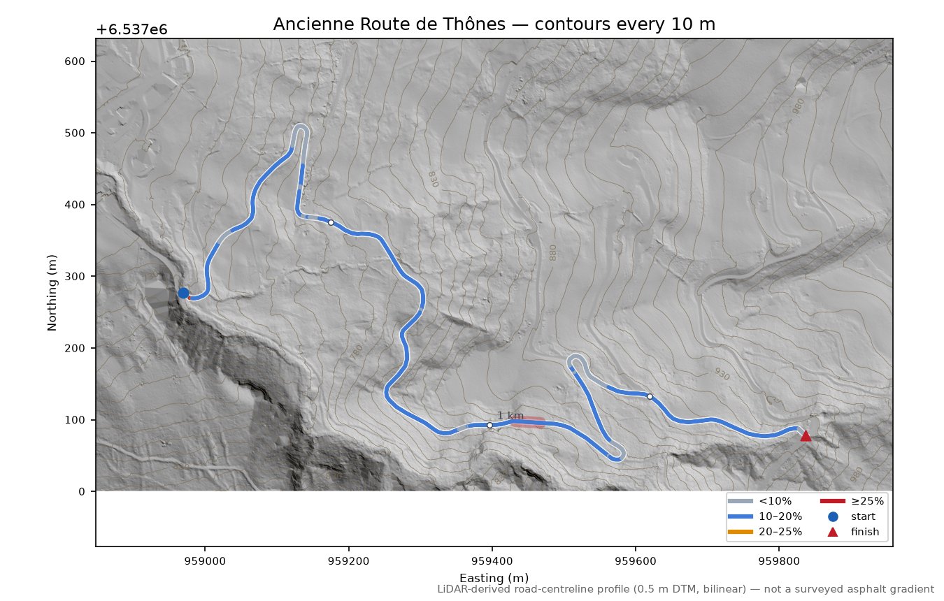 Ancienne Route de Thônes LiDAR hillshade map with contours