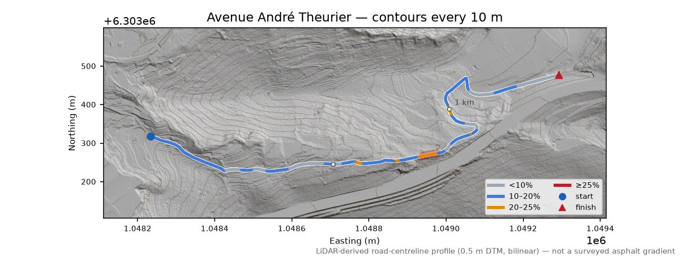 Avenue André Theurier LiDAR hillshade map with contours