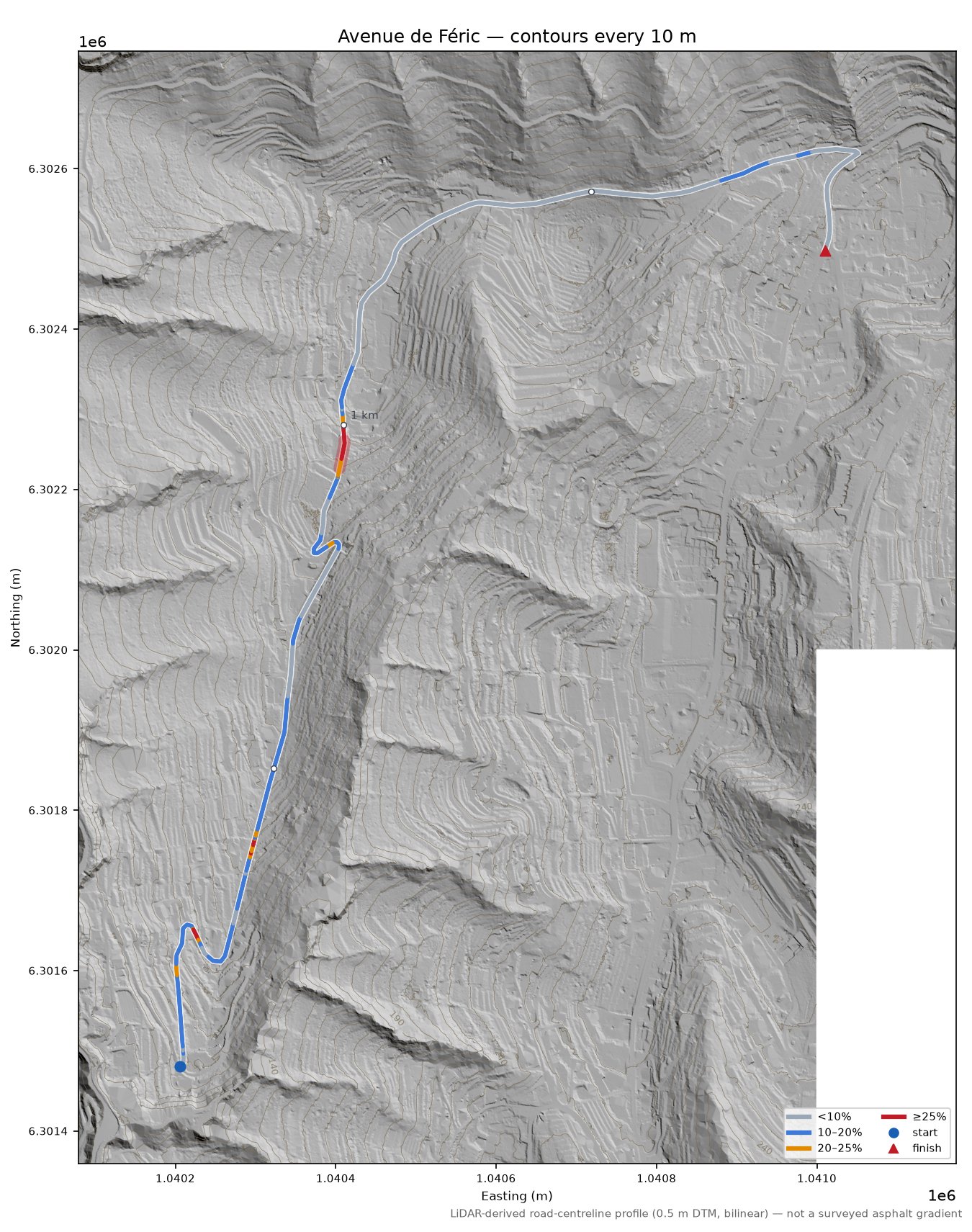 Avenue de Féric LiDAR hillshade map with contours
