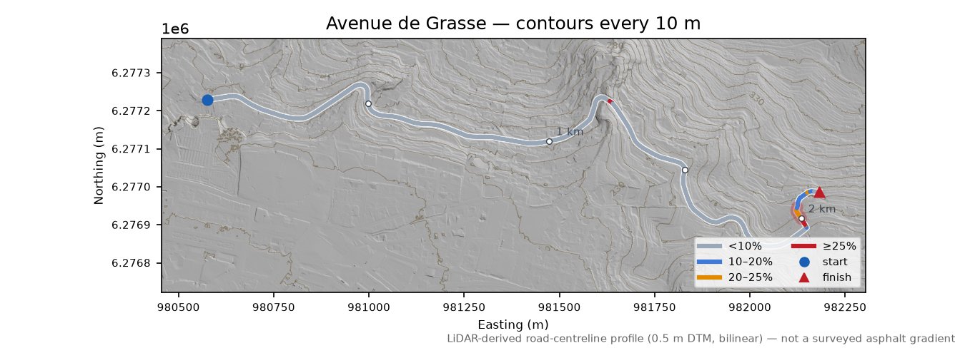 Avenue de Grasse LiDAR hillshade map with contours
