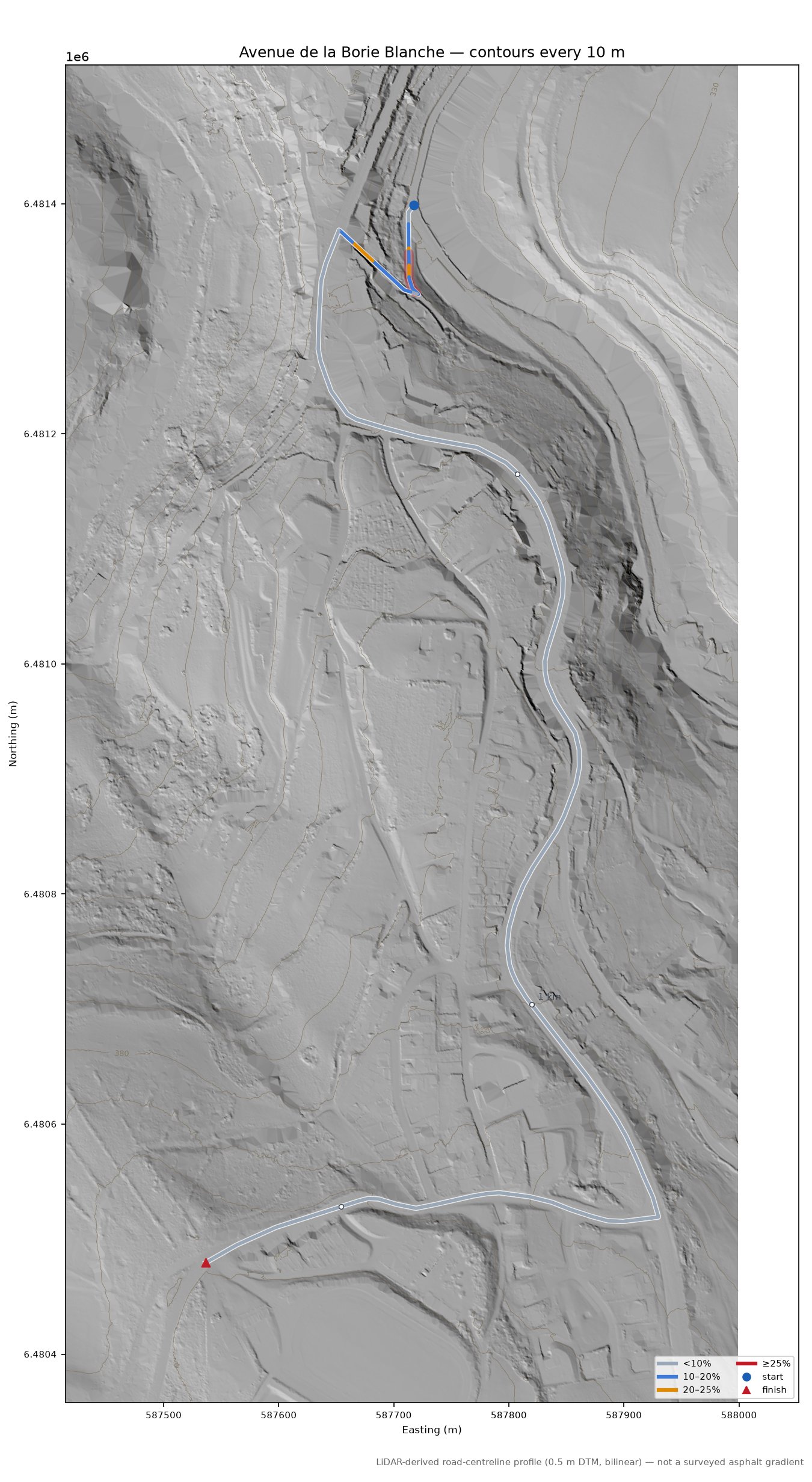 Avenue de la Borie Blanche LiDAR hillshade map with contours