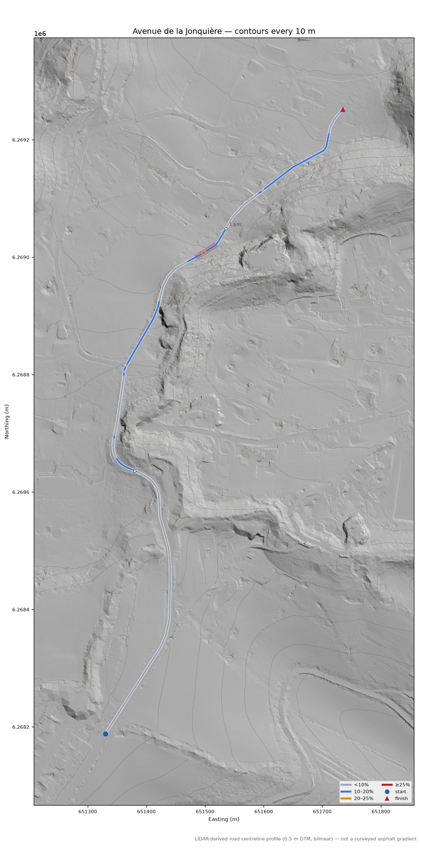 Avenue de la Jonquière LiDAR hillshade map with contours