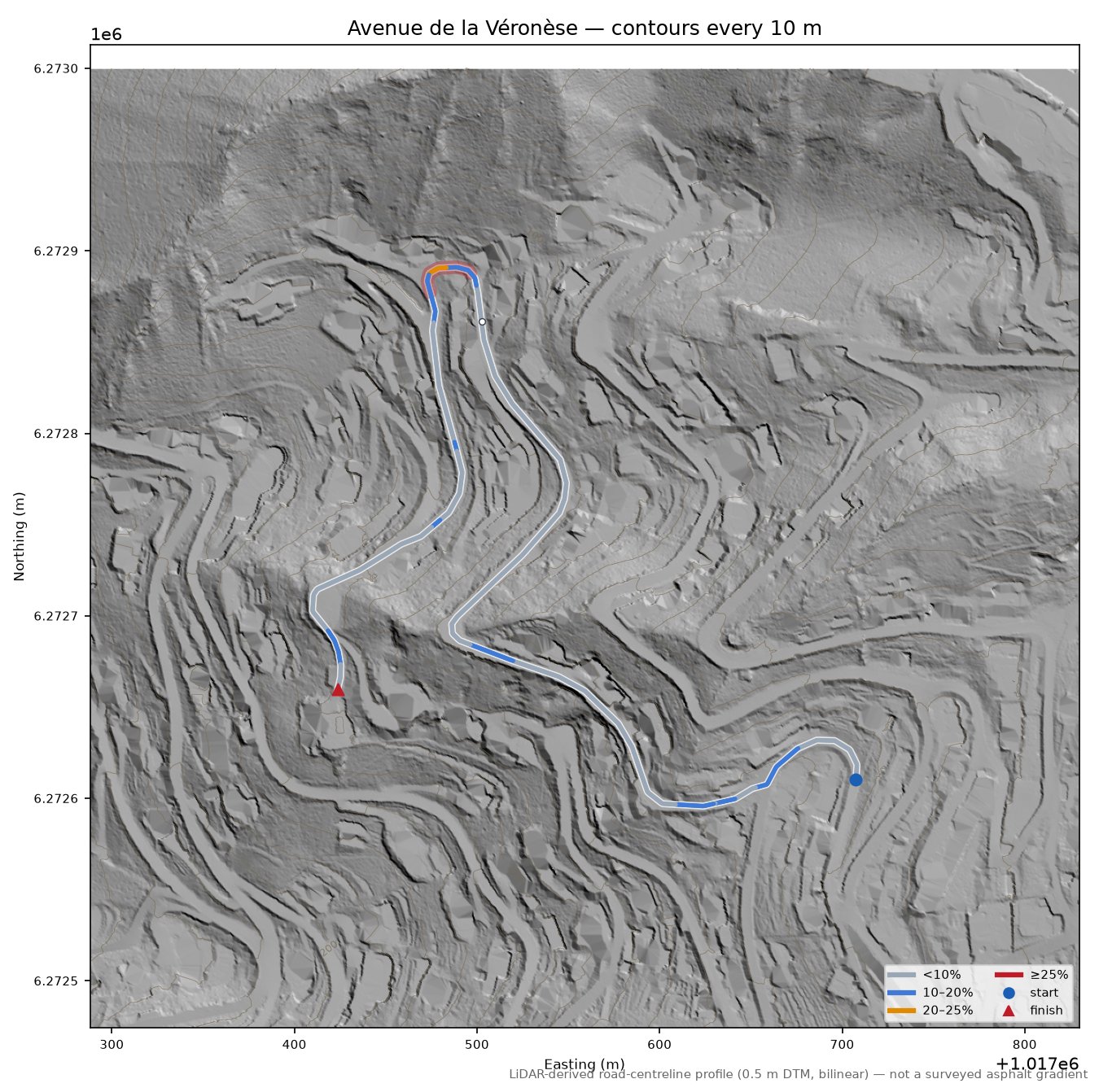 Avenue de la Véronèse LiDAR hillshade map with contours