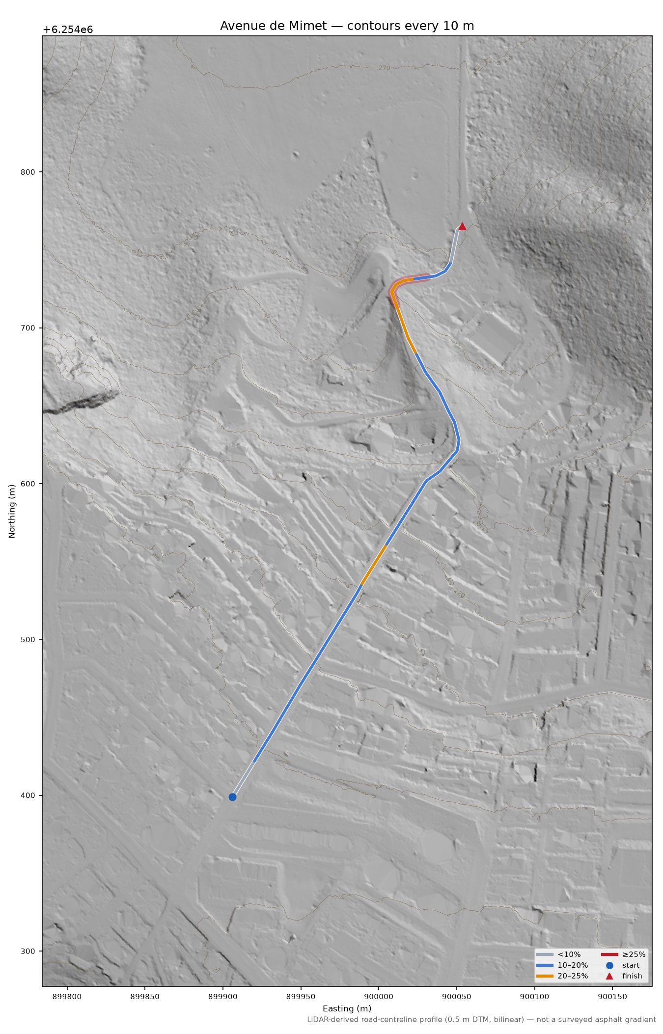 Avenue de Mimet LiDAR hillshade map with contours