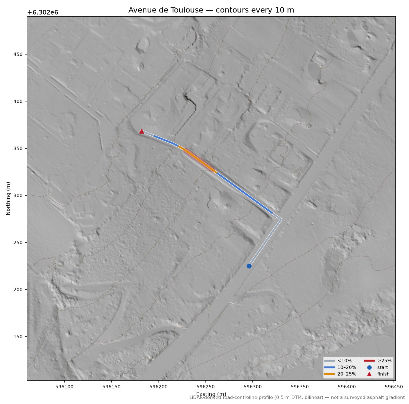 Avenue de Toulouse LiDAR hillshade map with contours