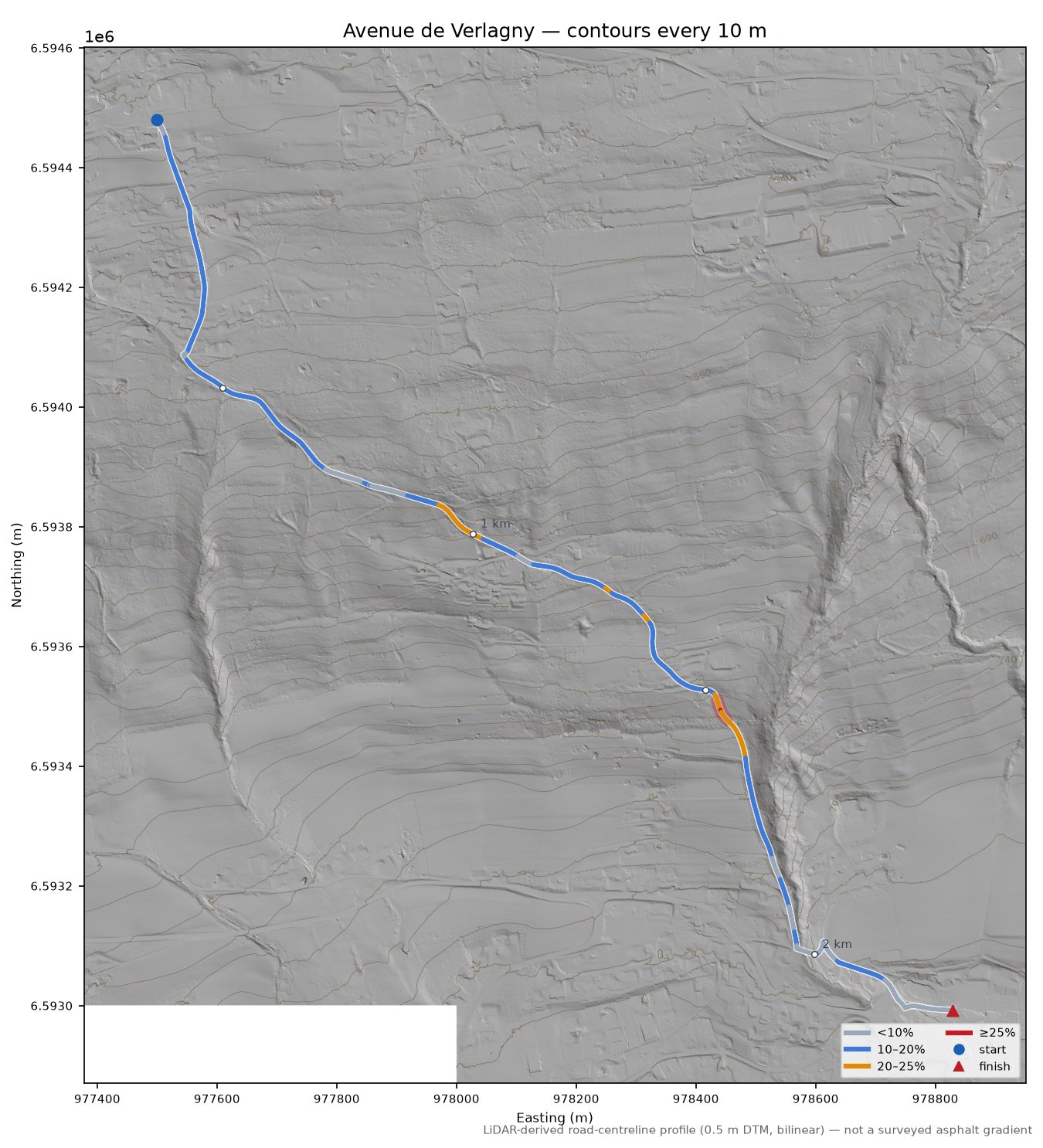 Avenue de Verlagny LiDAR hillshade map with contours
