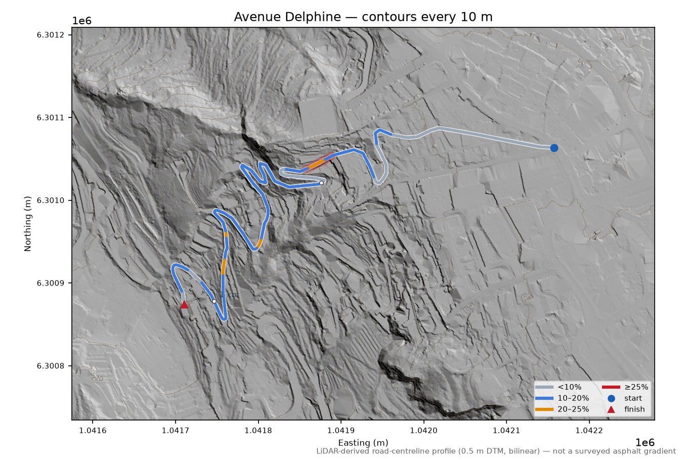 Avenue Delphine LiDAR hillshade map with contours