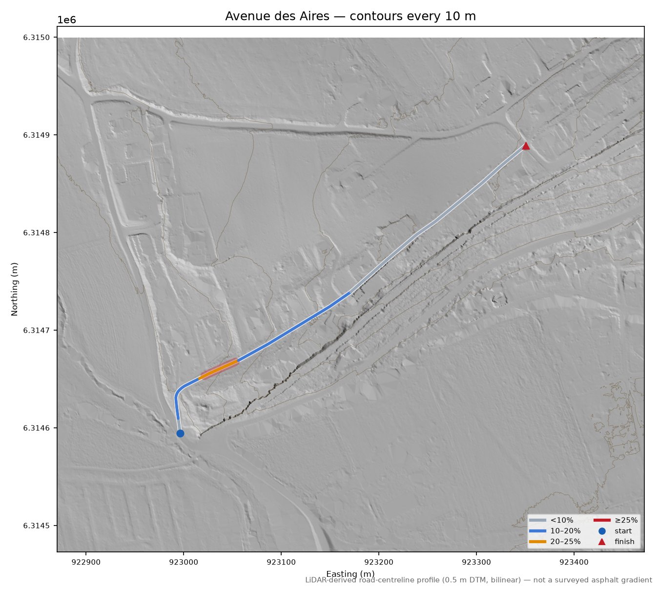 Avenue des Aires LiDAR hillshade map with contours