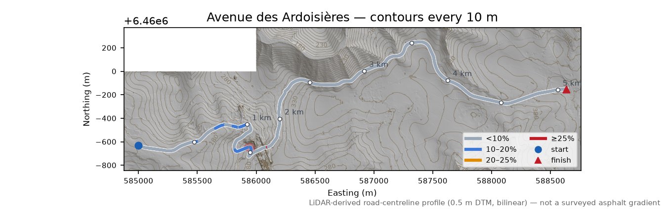 Avenue des Ardoisières LiDAR hillshade map with contours