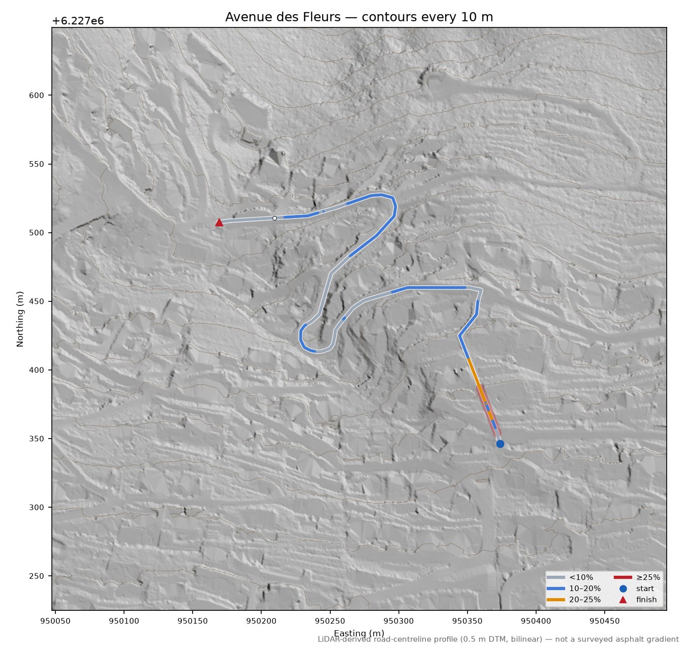 Avenue des Fleurs LiDAR hillshade map with contours