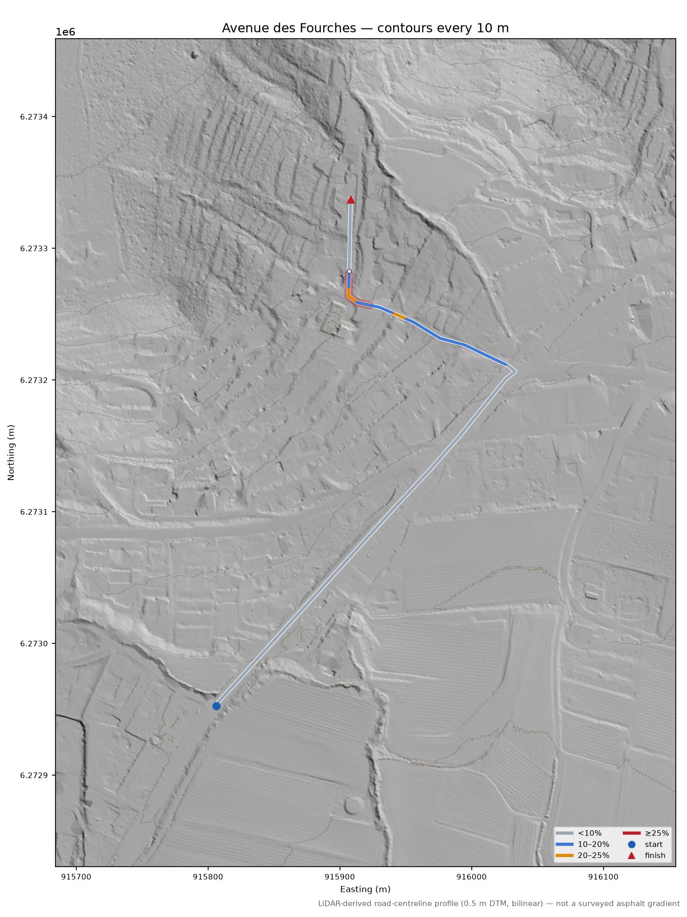 Avenue des Fourches LiDAR hillshade map with contours