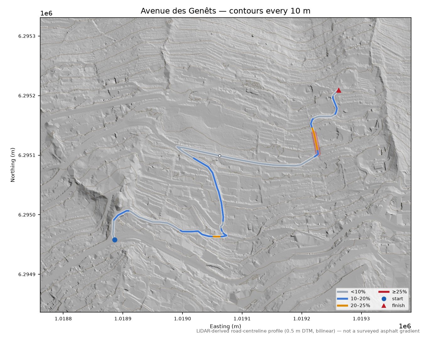 Avenue des Genêts LiDAR hillshade map with contours