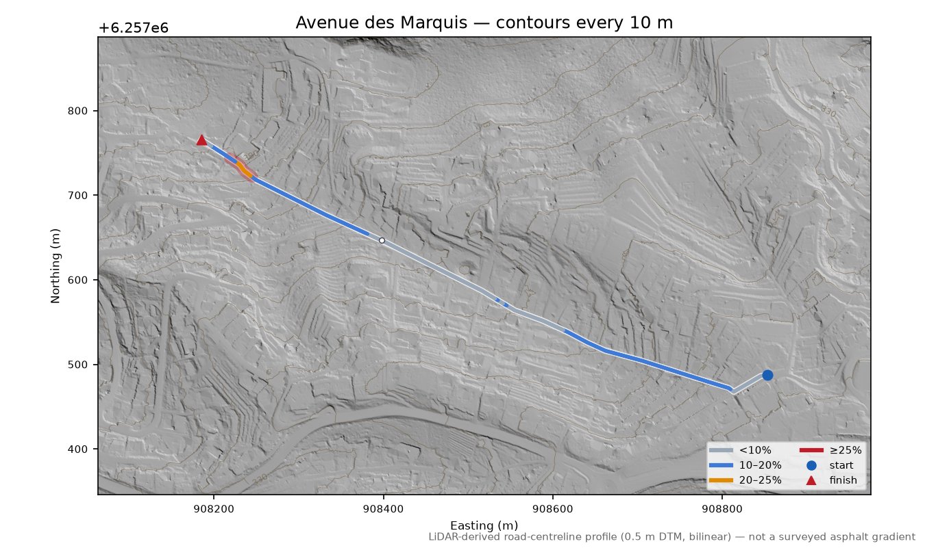 Avenue des Marquis LiDAR hillshade map with contours