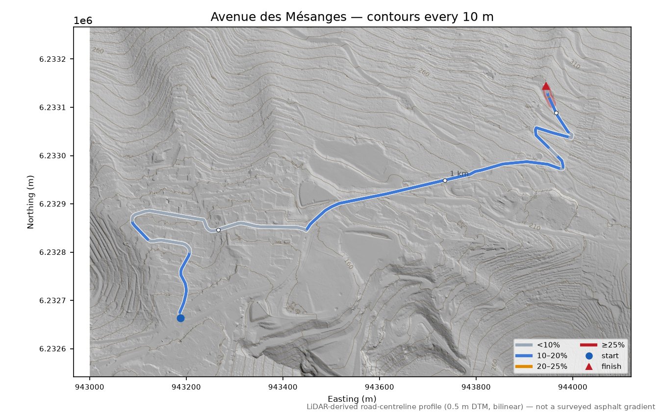 Avenue des Mésanges LiDAR hillshade map with contours
