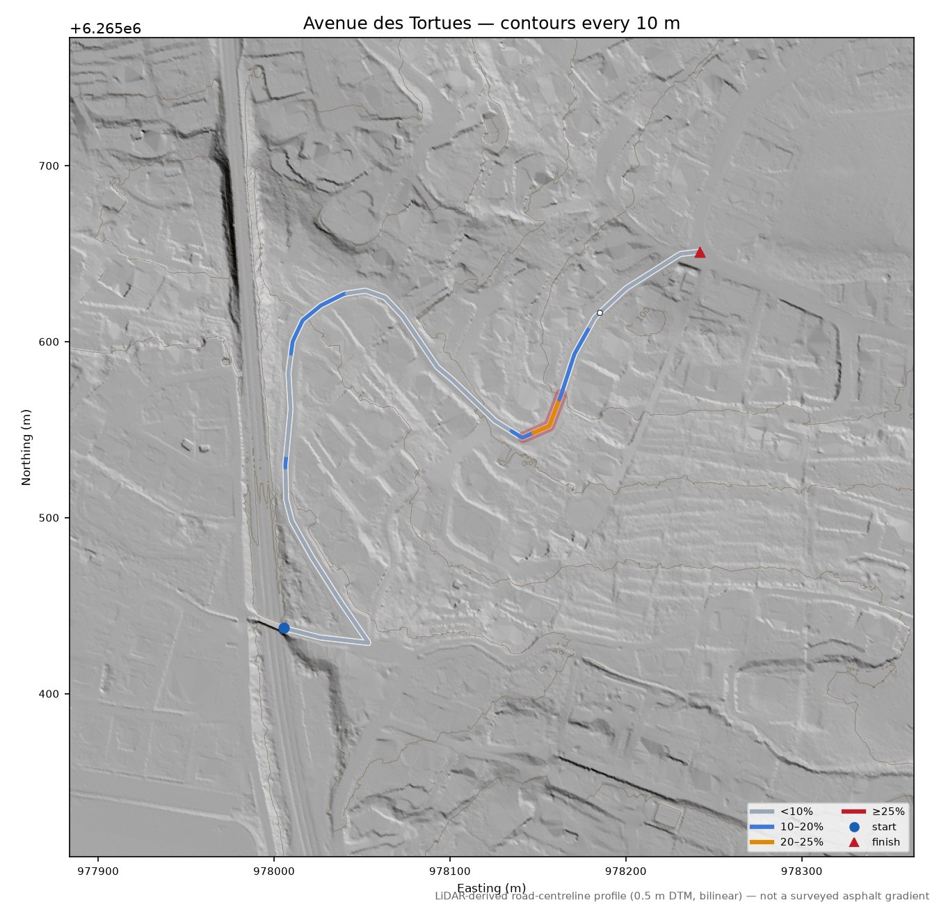 Avenue des Tortues LiDAR hillshade map with contours