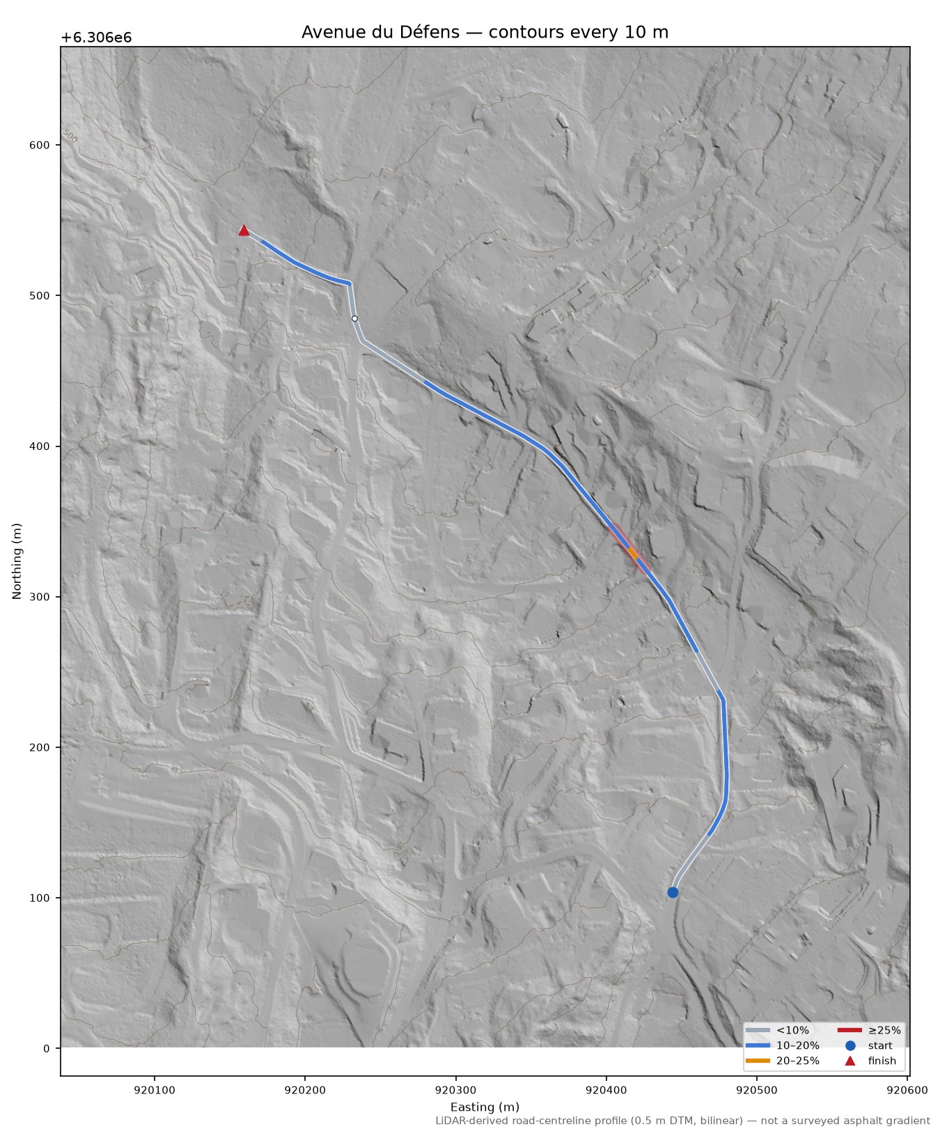 Avenue du Défens LiDAR hillshade map with contours